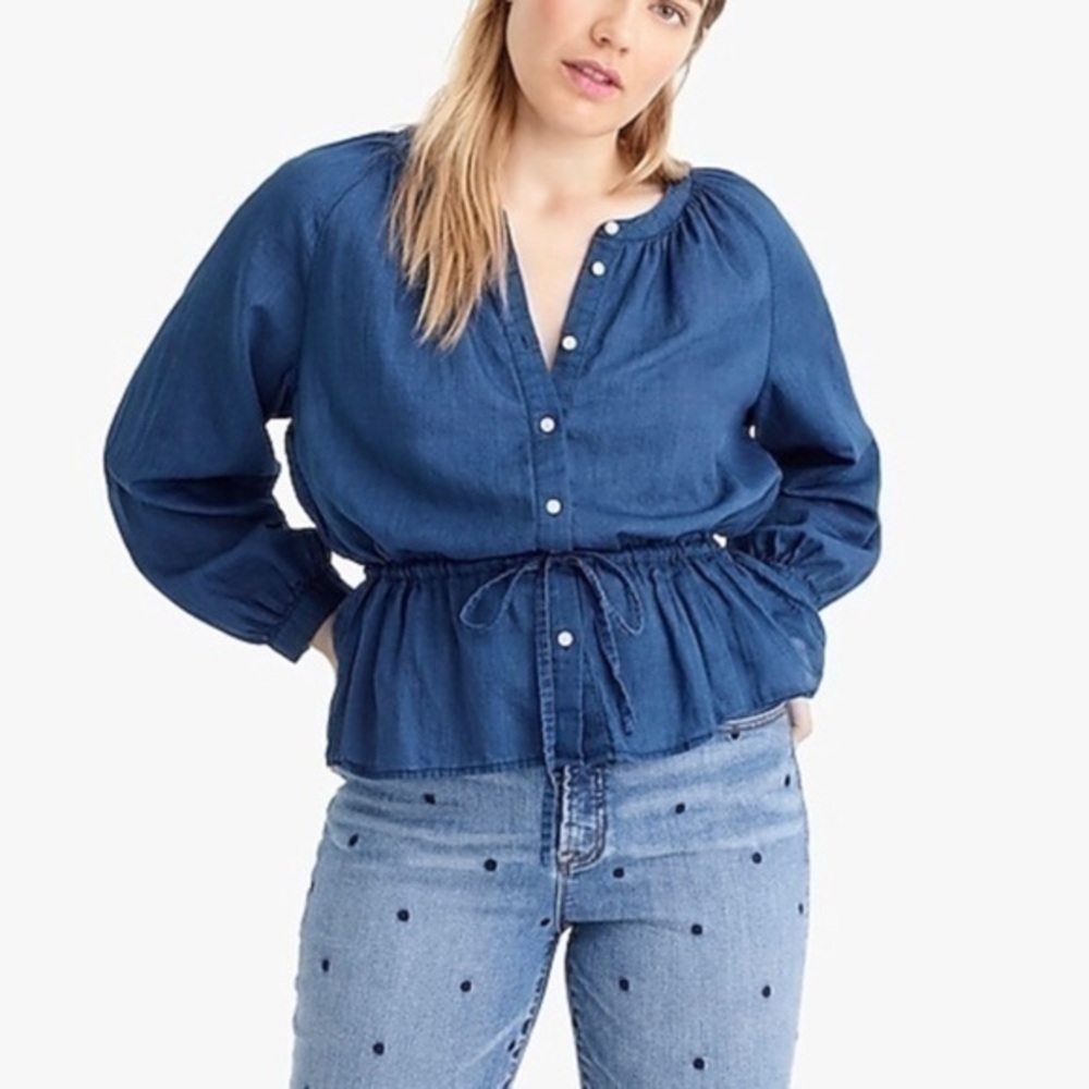 J Crew Tall Tie Waist Top Indigo Gauze